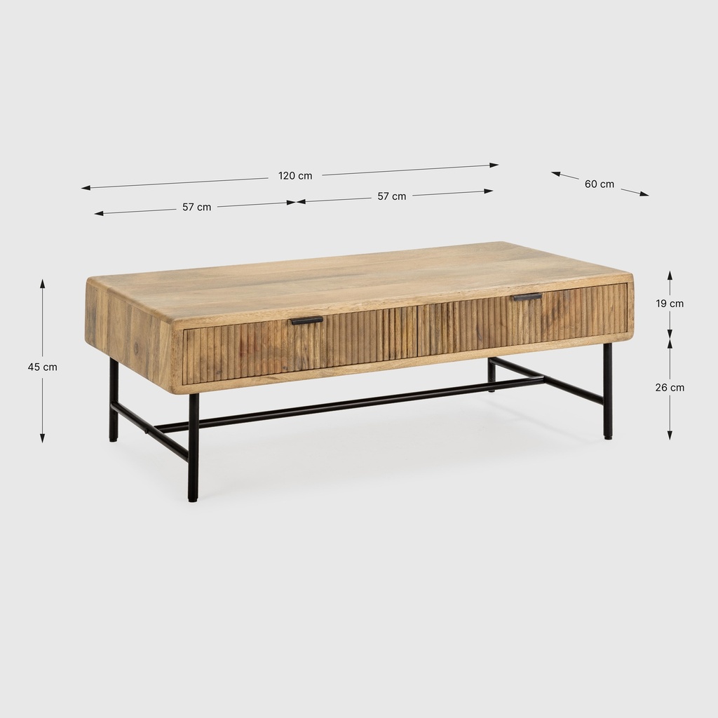 TABLE BASSE MUNDRA 120CM BOIS DE MANGUIER NATUREL,PIEDS METAL 120X60X45