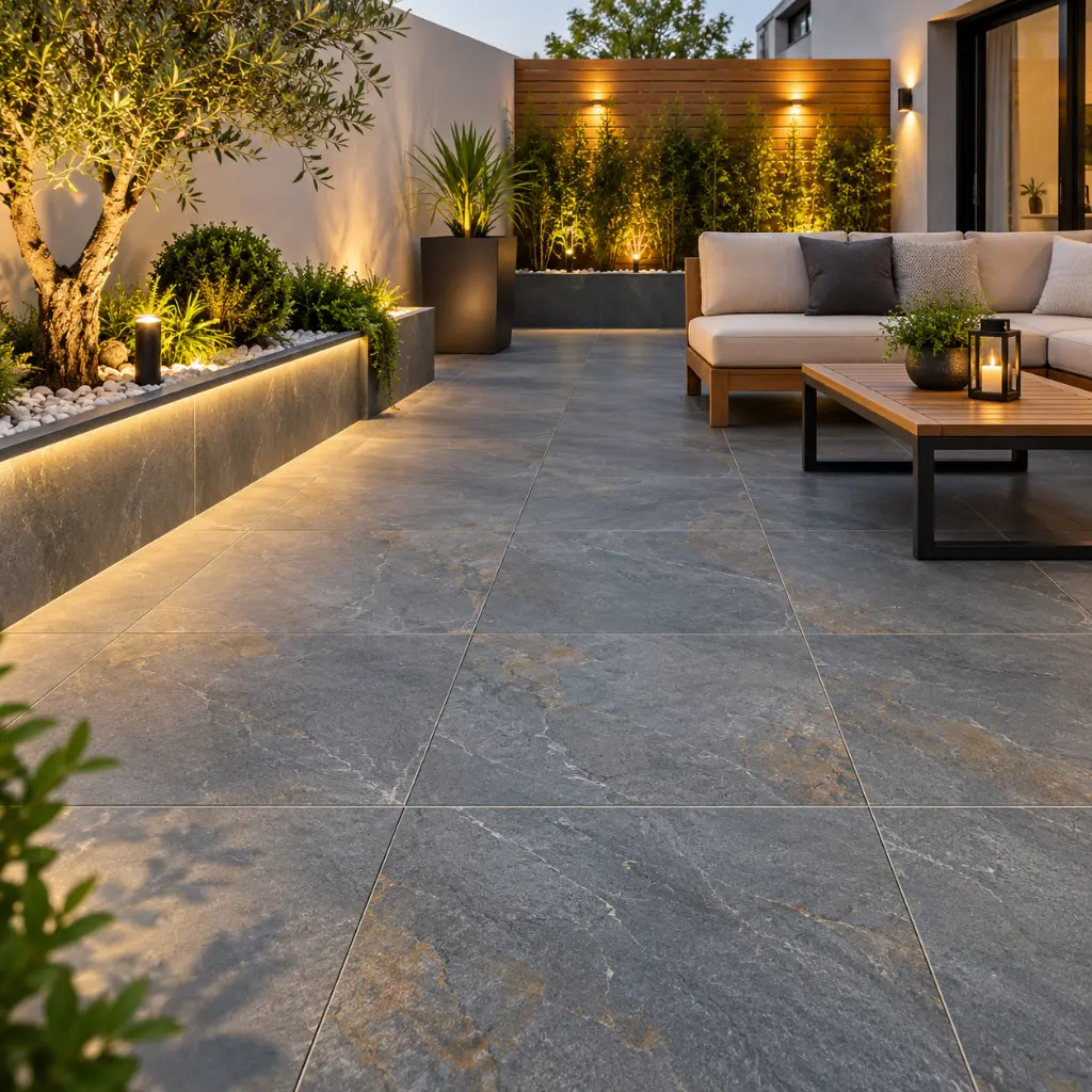 Patio contemporain en dalles ardoise lumineuses.webp