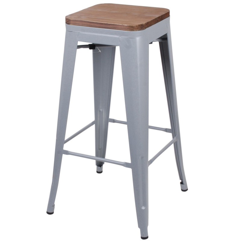 Tabouret de bar vintage en métal gris mate assise en bois 42,5x42,5x77cm