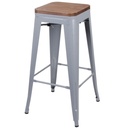 Tabouret de bar vintage en métal gris mate assise en bois 42,5x42,5x77cm