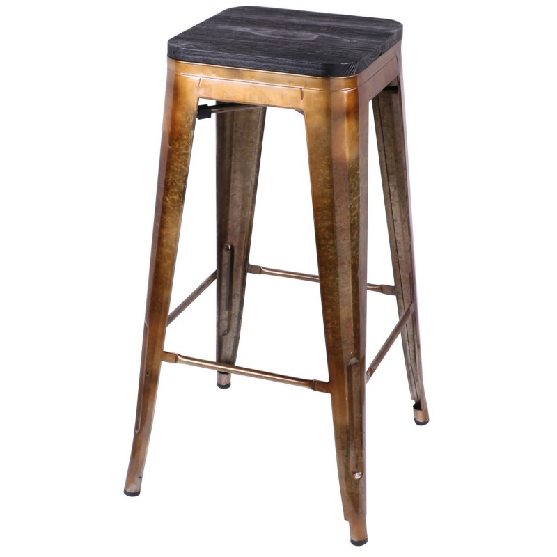 Tabouret de bar vintage en métal doré assise en bois noir 42,5x42,5x77cm