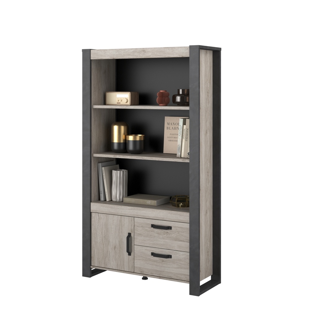 BAHUT JULES 2ETAGERES + 2TIROIRS + 1PORTE CH.PORTOFINO GRIS / STEAM BLACK  L. :107 cm-H.:187 cm P: 40 cm