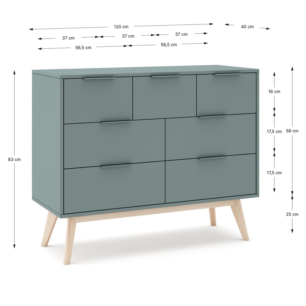 COMMODE PISCO 4+3T VERT KAKI 444C/CIRE BLANC 140X40X83 PIN VERT KAKI/CIRE BLANC