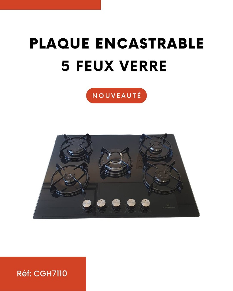 PLAQUE ENCASTRABLE 5 FEUX GAZ CUISINAM (WOK) 70CM VERRE/NOIR