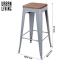 Tabouret de bar vintage en métal gris mate assise en bois 42,5x42,5x77cm