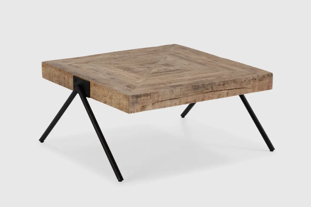 TABLE DE SALON INDRA  86/80X80X40 BOIS DE MANGUIER NATUREL,PIEDS METAL