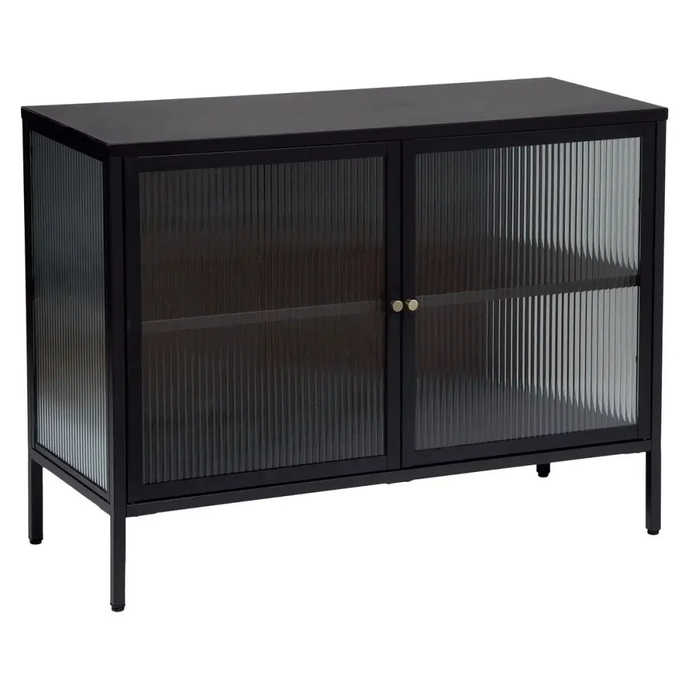 Buffet ALDIR 2 portes, structure métal noir et étagères en verre trempé - Dim : L. 100 x l. 40 x H. 75 cm