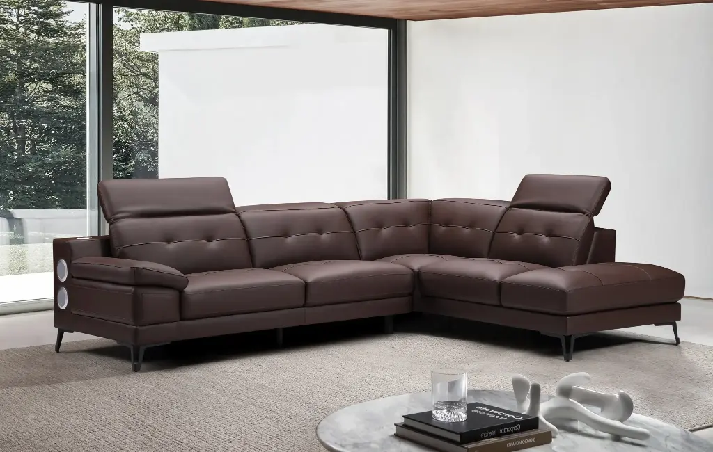 Canapé d’angle 6 places cuir Eleganzia méridienne droite – 3pl gauche - L287 x P224 x H76/97 cm – Couleur Marron - audio 2.1 – 2 Haut-parleurs + Caisson basse – Bluetooth / AUX / USB – Intégrée