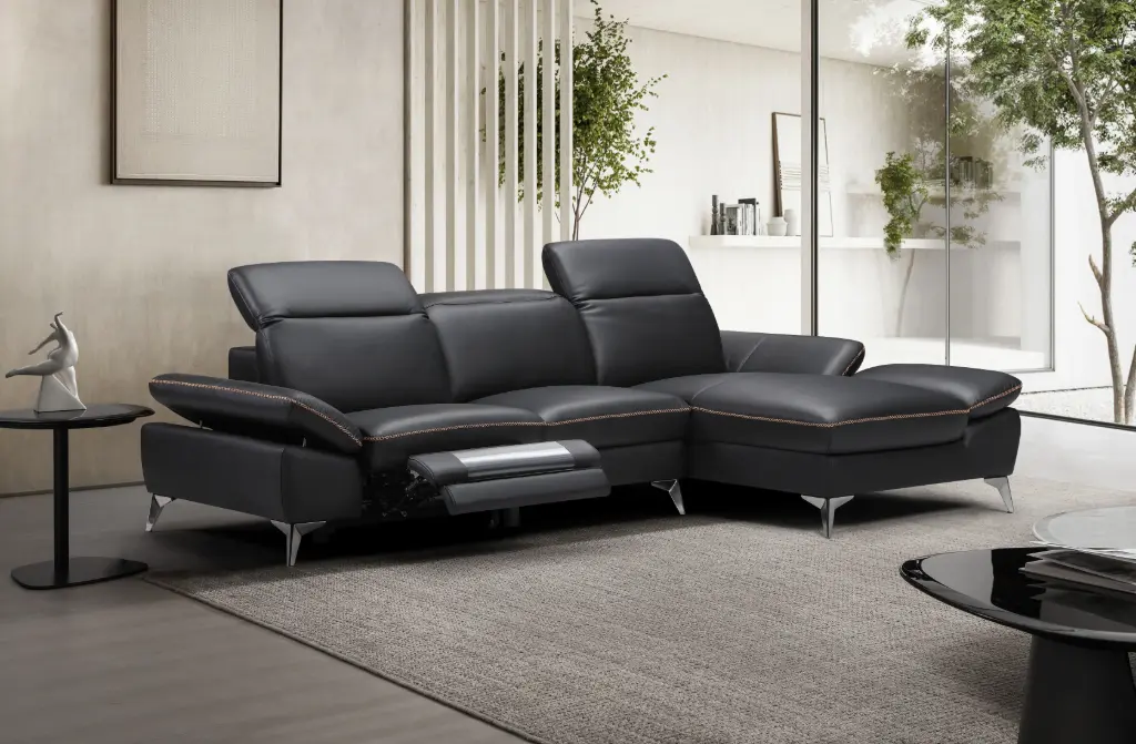 Canapé d’angle "VALENCIA" méridienne Droite + 3 places gauche couleur Noir -  manuel en cuir véritable Dim L274 x P168 x H78/98 cm