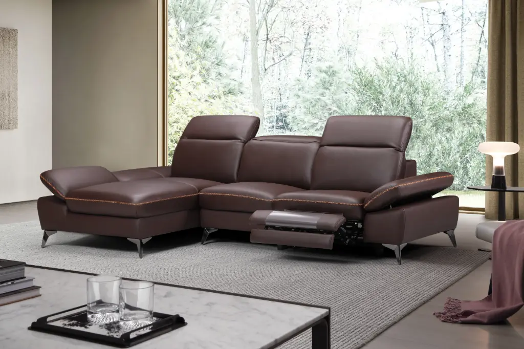 Canapé d’angle "VALENCIA" méridienne Gauche + 3 places droite couleur Marron -  manuel en cuir véritable Dim L274 x P168 x H78/98 cm