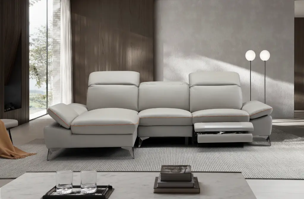 Canapé d’angle "VALENCIA" méridienne Gauche + 3 places droite couleur Gris -  manuel en cuir véritable Dim L274 x P168 x H78/98 cm