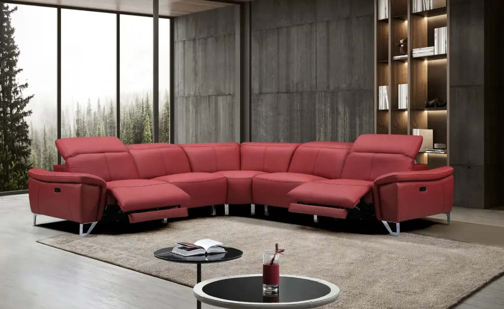 Canapé d’angle GRANDORO en cuir de Vachette Rouge BDX- 6places avec 2 relax électriques – DIM L314 x P125 x H76/97 cm - D214C 
