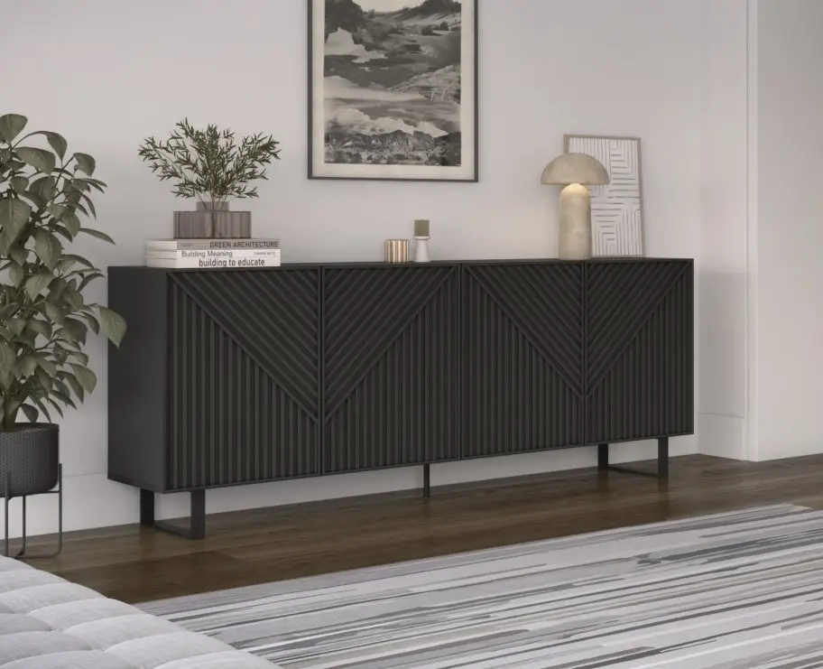 Buffet PETA 4 portes noir – pieds métal – Dim : 201 × 40 × 80