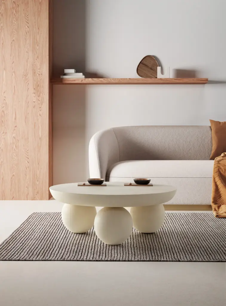 Table basse ronde AILEN 90 cm – beige – Dim : Ø 90 × 35