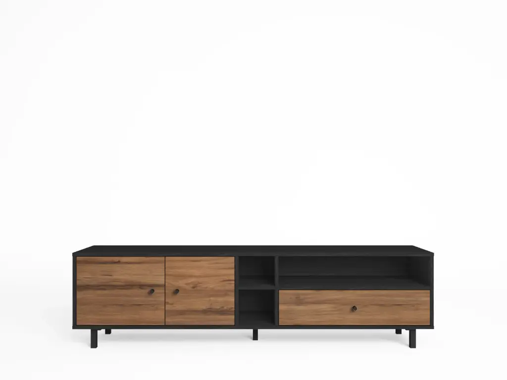 Meuble TV ROALD 2 portes 1 tiroir 3 niches – Bocamina / noyer – Dim : 160 × 40 × 55