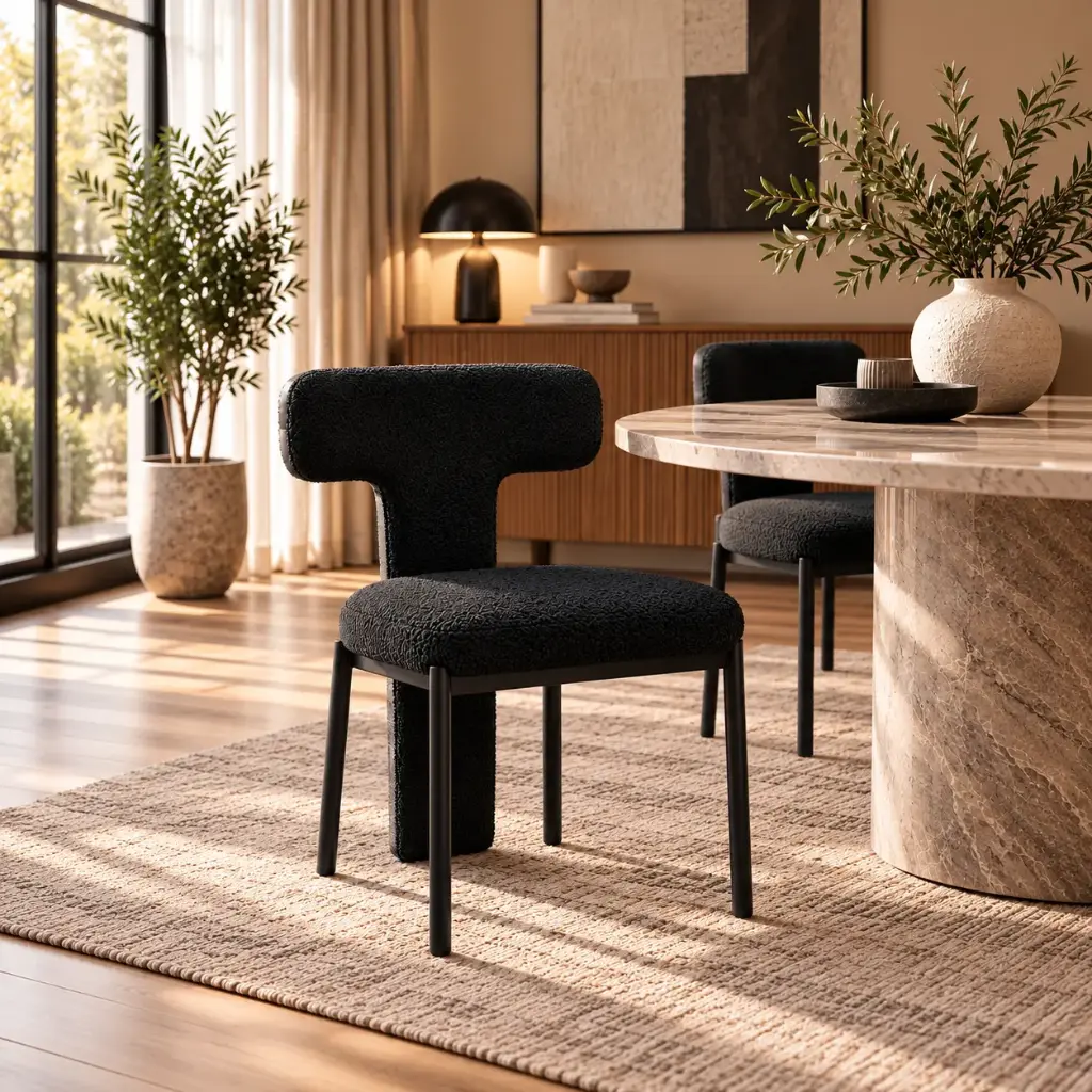 Chaise contemporaine en tissu bouclette – Dossier architecturé – Coloris Noir