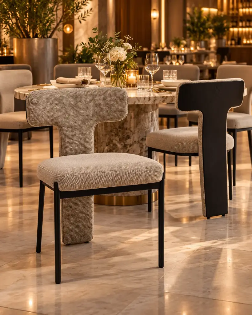 Chaise contemporaine en tissu texturé – Dossier architecturé – Coloris Beige