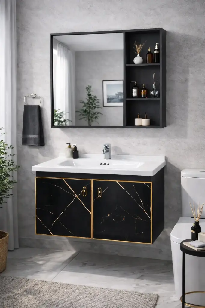Ensemble Meuble de Salle de Bain 80 cm – Modèle “Black Marble Gold”, Vasque, Miroir Intégrée & Finitions Luxe - OFRRE SPECIALE : Mitigeur lavabo offert - LIMITED