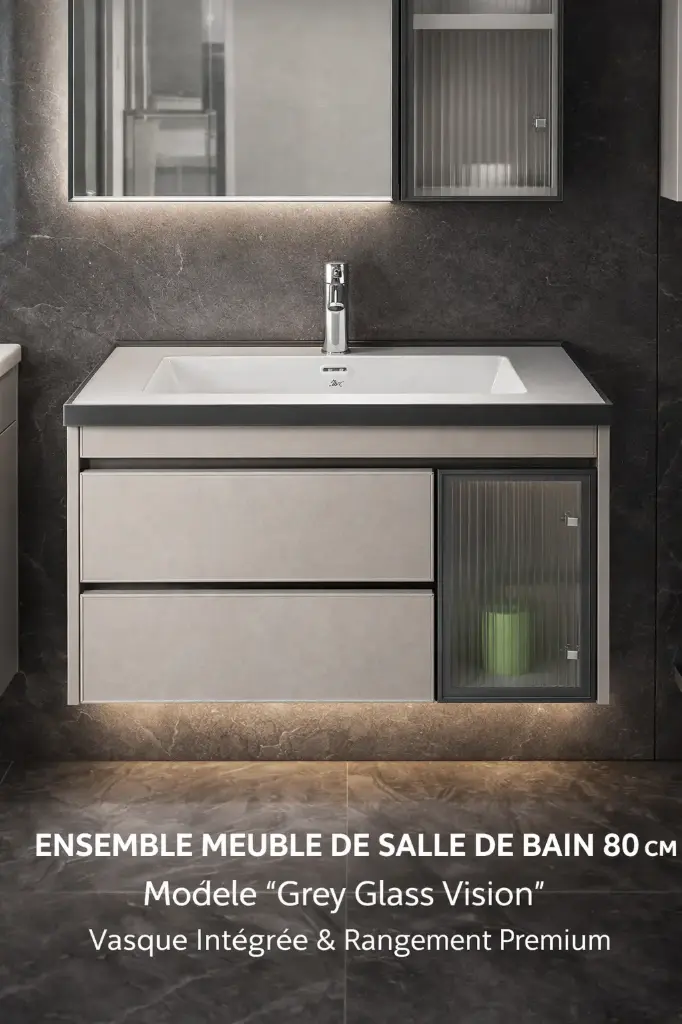 Ensemble Meuble de Salle de Bain 80 cm – Modèle “Grey Glass Vision”, Vasque Intégrée & Rangement Premium