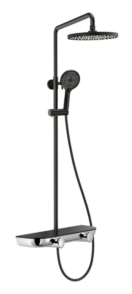 Colonne de douche – Noir mat & chromé – Ensemble avec Douchette 3 Jets, Cascade et Étagère de Rangement - Design contrasté – Gamme luxe