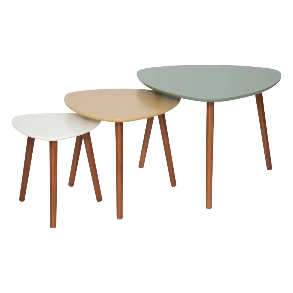 Lot de tables gigognes MILEO coloris vert, jaune ocre et blanc, plateaux MDF, pieds hévéa, dimensions L34/46/60 cm