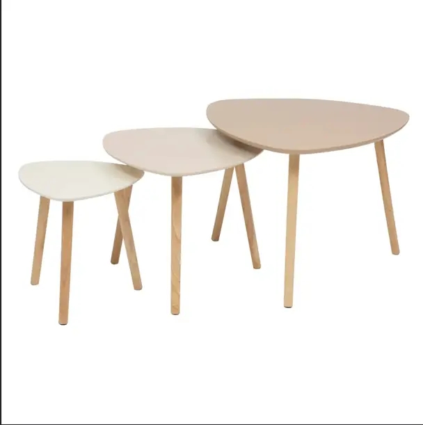  Lot de tables gigognes MILEO coloris  doux et tendance beige, plateaux MDF, Pieds en bois d’hévéa