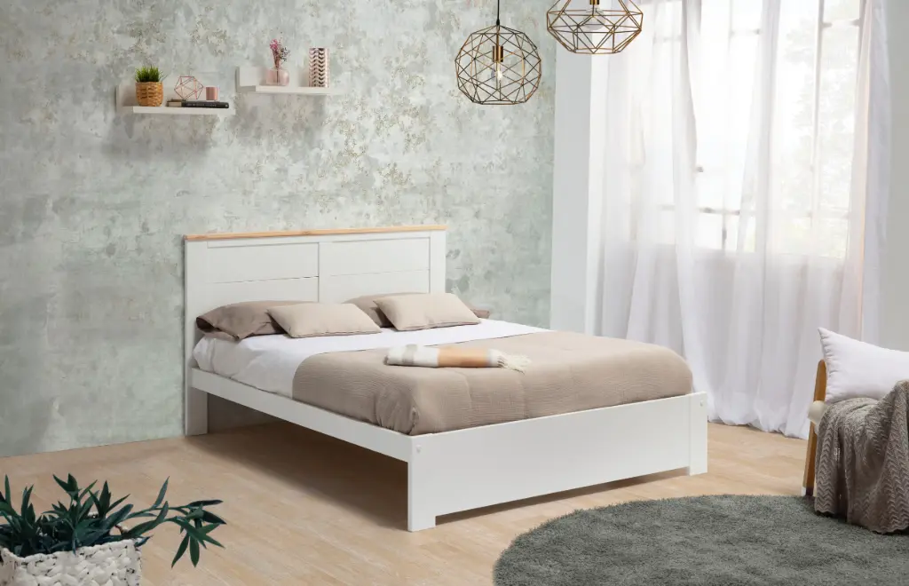 LIT AKIRA 140x190 cm – Blanc/Cire Blanc – Avec sommier – Dim. L146 x P205 x H90 cm