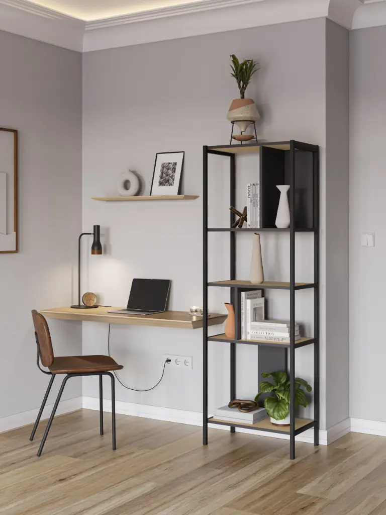 ETAGERE ALABAMA 58 cm – Chêne/Silky Noir – Pieds métal – Dim. L58 x P30 x H180 cm