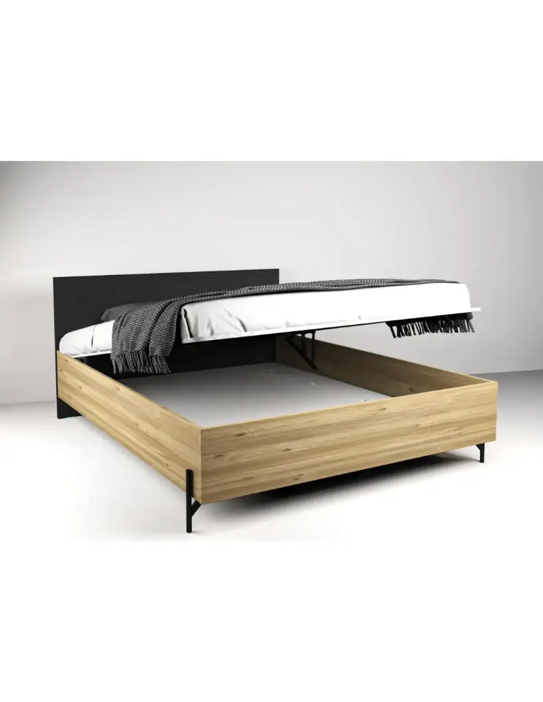 LIT NOA 160x200 cm – Noir/Chêne – Pied métal – Dim. L166 x P210 x H95 cm