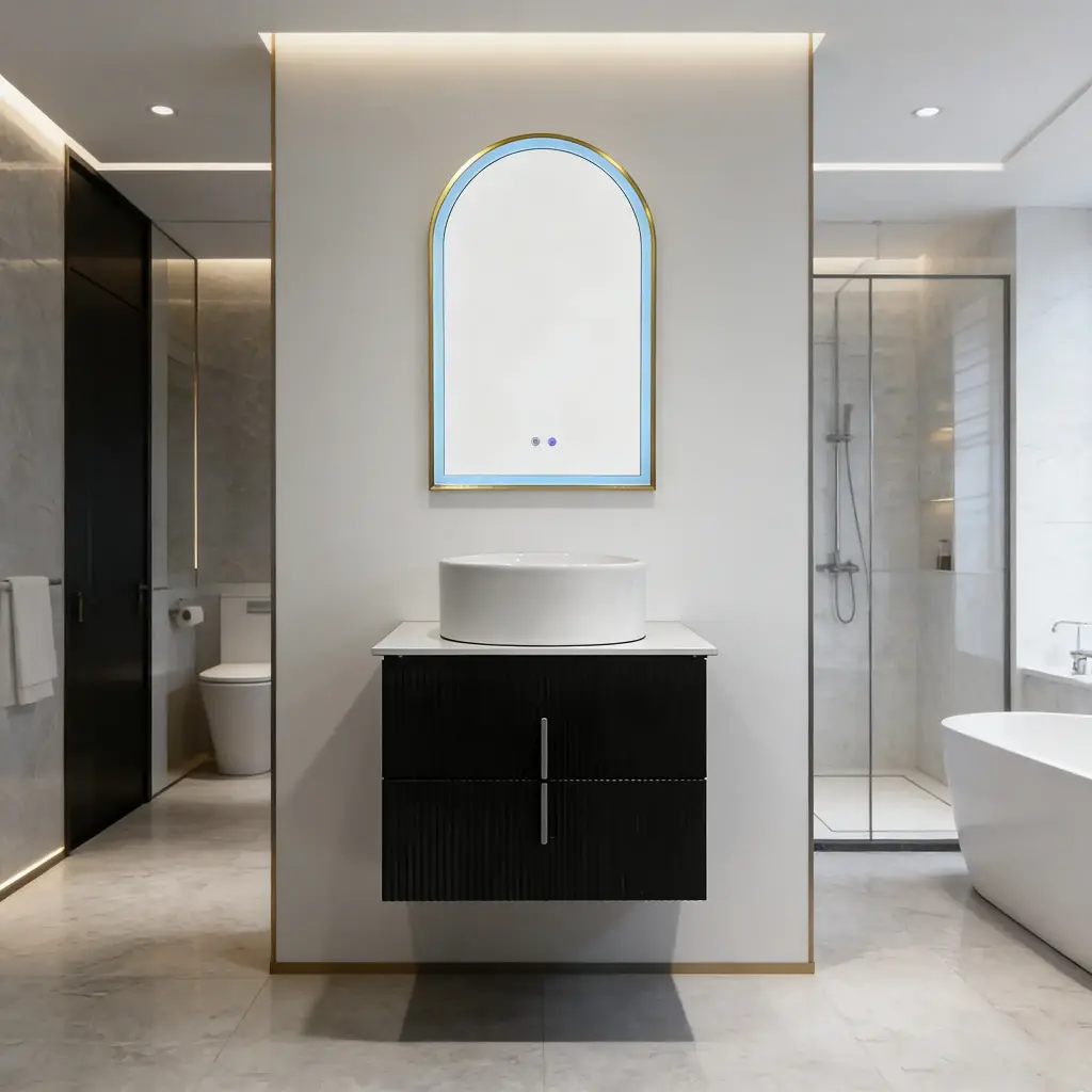 Épure Sylvestre Meuble salle de bain noir + Miroir + Vasque 600x500x450mm MDF (en 3 colis)