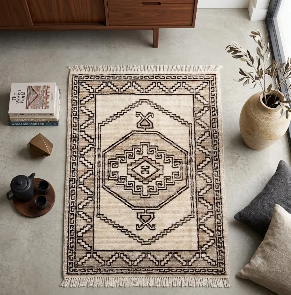 Héritage Nomade-Tapis Couleur beige motif noir en dimension 160x220