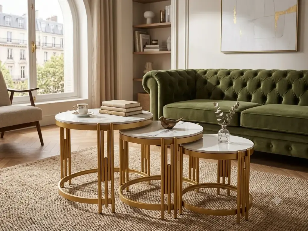 Ensemble 3 tables pied métal or effet marbre -en 2 colis 