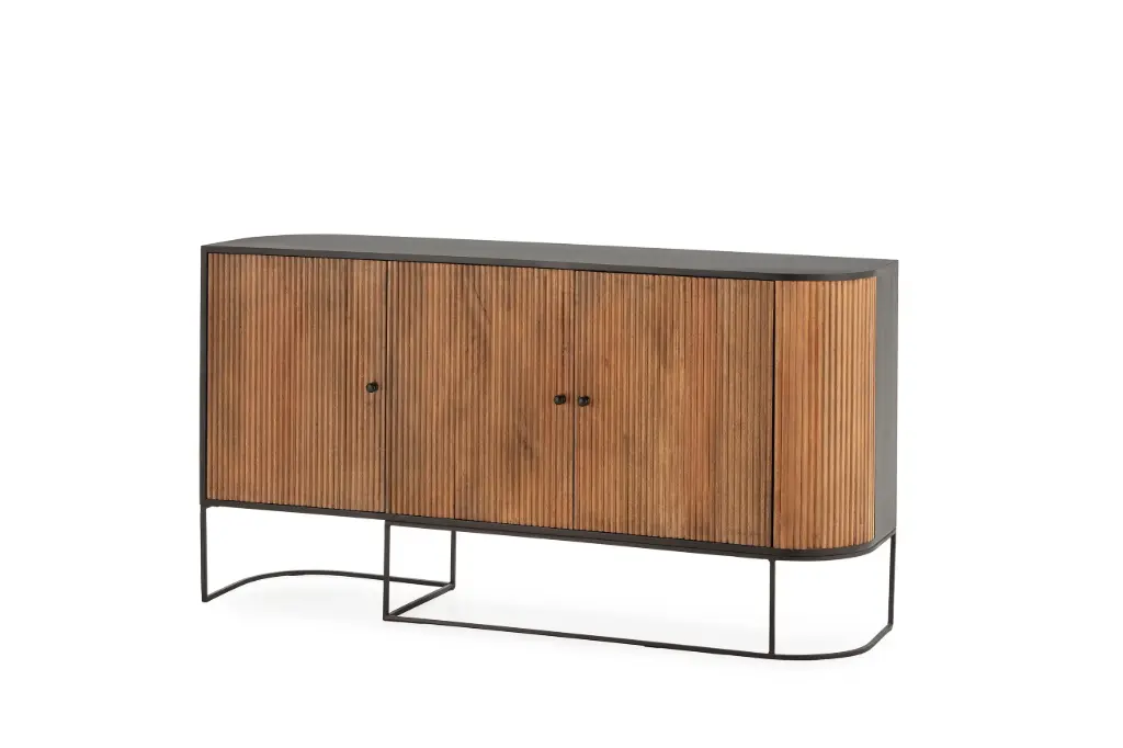 Buffet Curve 3 portes, bois de manguier, pieds métal — 165 × 40 × 90 cm