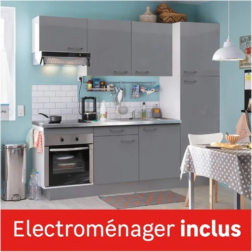 [493955] CUISINE AMBIANCE COMPLETE 2M40 GRIS BRILLANT ELECTROMENAGER, LIVRAISON ET MONTAGE INCLUS