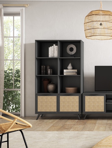 [15669_EX] ETAGERE ACACIA 2PTES+6NICHES FINITION BOCAMINA/SERI.TEXTURE - DIM: 92x40x160