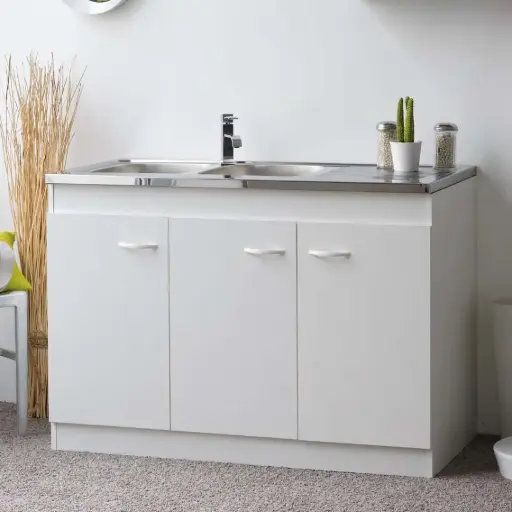 [7253] MEUBLE SOUS EVIER 1.20 M 3 PORTES Couleur : BLANC  Dimensions: 120X828X59