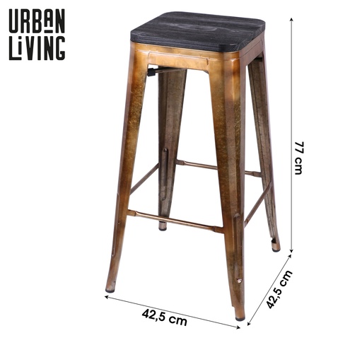[53847] Tabouret de bar vintage en métal doré assise en bois noir 42,5x42,5x77cm