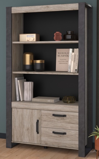 [0355BAHT] BAHUT JULES 2ETAGERES + 2TIROIRS + 1PORTE CH.PORTOFINO GRIS / STEAM BLACK  L. :107 cm-H.:187 cm P: 40 cm