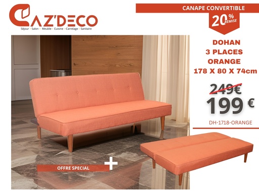 [DH-1718-ORANGE] CANAPE CONVERTIBLE "DOHAN" 3 PLACES ORANGE 178 X 80 X 74cm