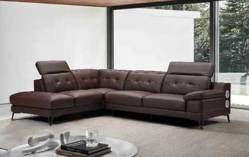 [D2125C GAUCHE MARRON] Canapé d’angle 6 places cuir Eleganzia méridienne gauche – 3pl Droite - L287 x P224 x H76/97 cm – Couleur Marron - audio 2.1 – 2 Haut-parleurs + Caisson basse – Bluetooth / AUX / USB – Intégrée