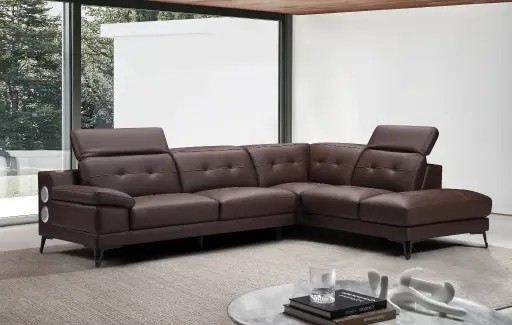 [D2125C DROITE MARRON] Canapé d’angle 6 places cuir Eleganzia méridienne droite – 3pl gauche - L287 x P224 x H76/97 cm – Couleur Marron - audio 2.1 – 2 Haut-parleurs + Caisson basse – Bluetooth / AUX / USB – Intégrée