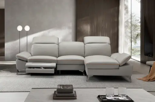 [D2129 DROITE GRIS] Canapé d’angle "VALENCIA" méridienne droite + 3 places gauche couleur Gris -  manuel en cuir véritable Dim L274 x P168 x H78/98 cm