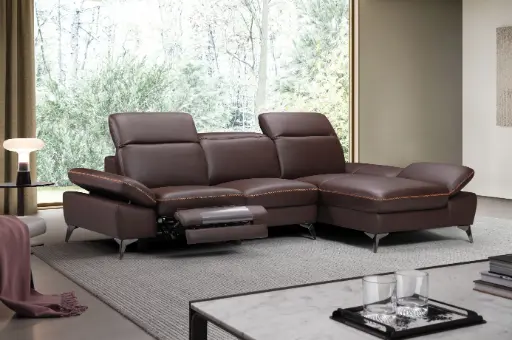 [D2129 DROITE MARRON] Canapé d’angle "VALENCIA" méridienne droite + 3 places gauche couleur Marron -  manuel en cuir véritable Dim L274 x P168 x H78/98 cm