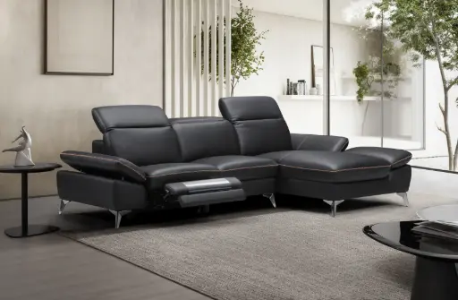 [D2129 DROITE NOIR] Canapé d’angle "VALENCIA" méridienne Droite + 3 places gauche couleur Noir -  manuel en cuir véritable Dim L274 x P168 x H78/98 cm