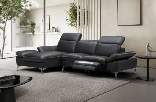 [D2129 GAUCHE NOIR] Canapé d’angle "VALENCIA" méridienne Gauche + 3 places droite couleur Noir -  manuel en cuir véritable Dim L274 x P168 x H78/98 cm