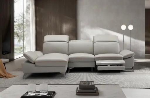 [D2129 GAUCHE GRIS] Canapé d’angle "VALENCIA" méridienne Gauche + 3 places droite couleur Gris -  manuel en cuir véritable Dim L274 x P168 x H78/98 cm