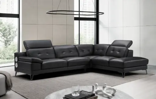 [D2125C DROITE NOIR] Canapé d’angle 6 places cuir Eleganzia méridienne droite – 3pl gauche - L287 x P224 x H76/97 cm – Couleur Noir - audio 2.1 – 2 Haut-parleurs + Caisson basse – Bluetooth / AUX / USB – Intégrée