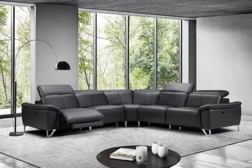 [D214C NOIR] Canapé d’angle GRANDORO en cuir de Vachette NOIR BDX- 6places avec 2 relax électriques – DIM L314 x P125 x H76/97 cm - D214C 