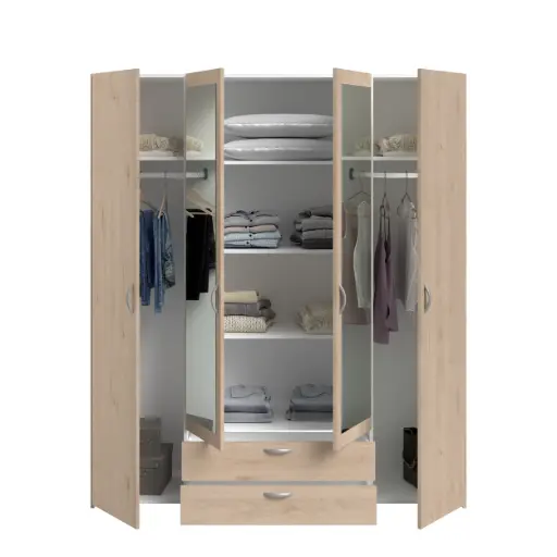 [6521A4PM] Armoire DAILY, 4 portes et 2 tiroirs finition Jackson Oak, miroirs intégrés -160x52x185cm