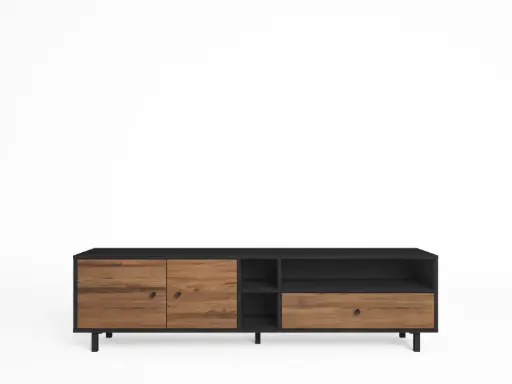 [15665-EX] Meuble TV ROALD 2 portes 1 tiroir 3 niches – Bocamina / noyer – Dim : 160 × 40 × 55